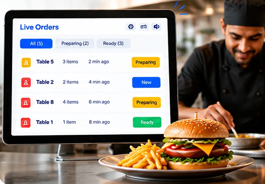 Kitchen tablet showing live orders while a chef prepares food