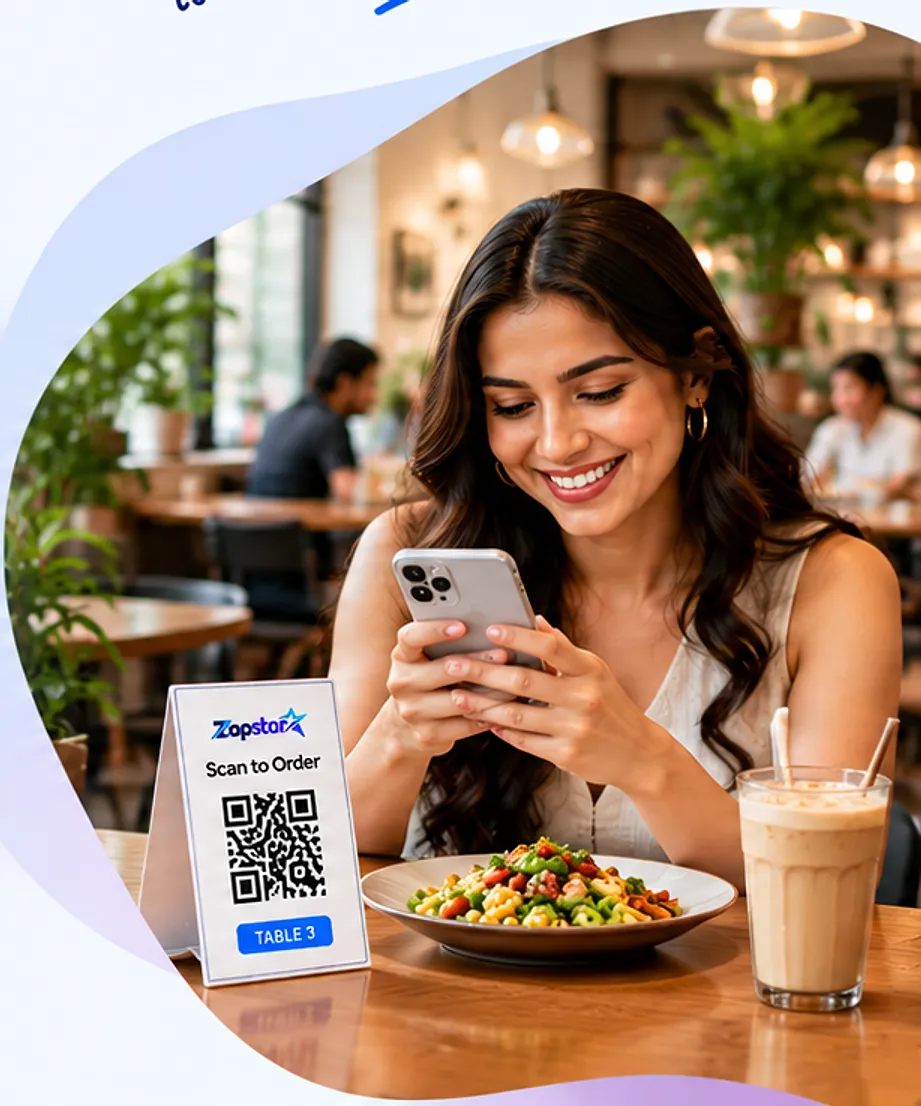Customer smiling at her phone while ordering at a cafe table