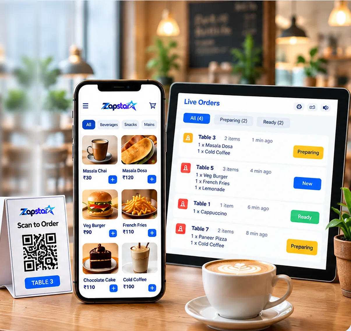 Zap Star QR menu on a phone, live orders on a tablet and a Scan to Order table stand in a cafe