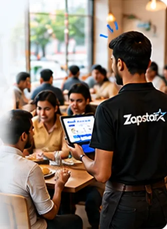 Staff member checking orders on a tablet in a busy cafe