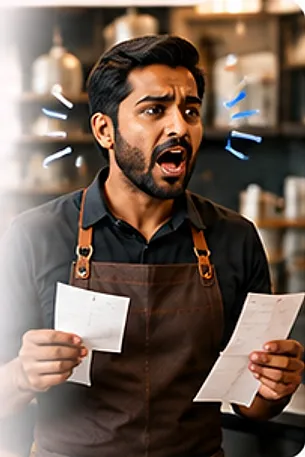 Busy cafe worker holding order slips
