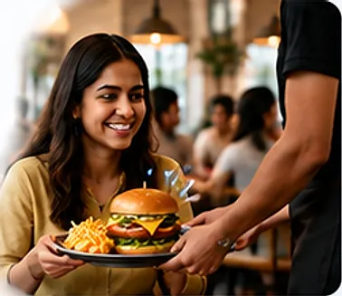 Smiling customer being served a burger