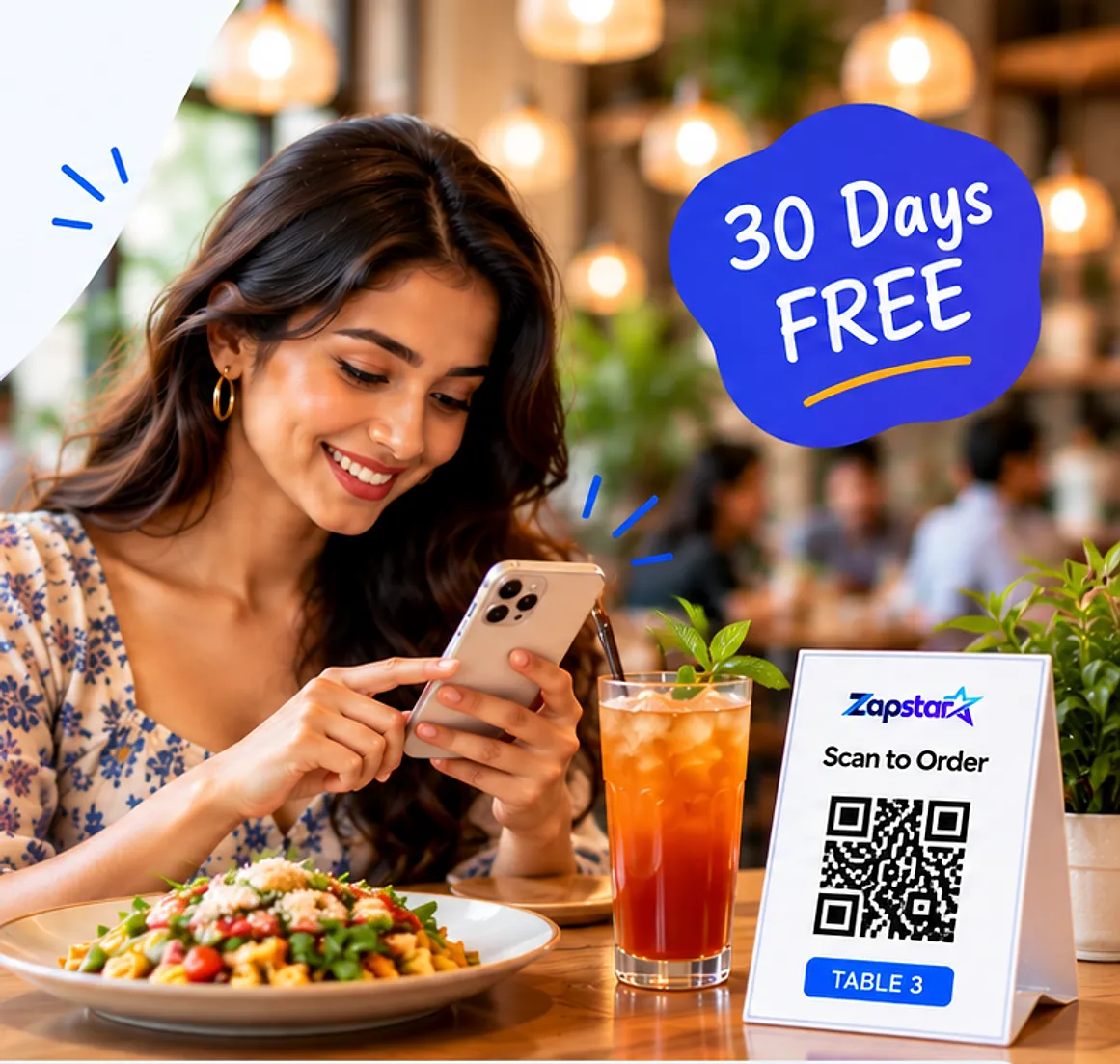 Customer ordering on her phone at a cafe table, with a 30 Days Free badge